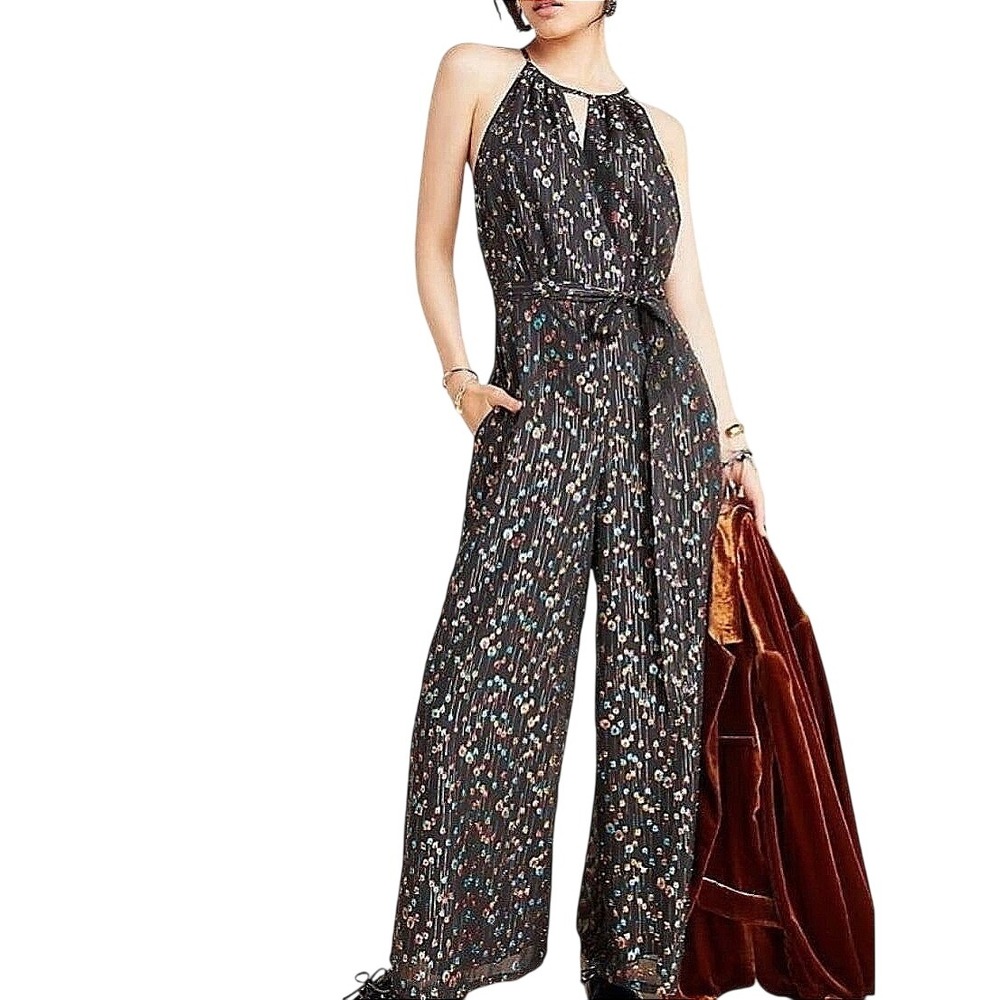 Eva Franco Black Halter Floral Jumpsuit with Belt